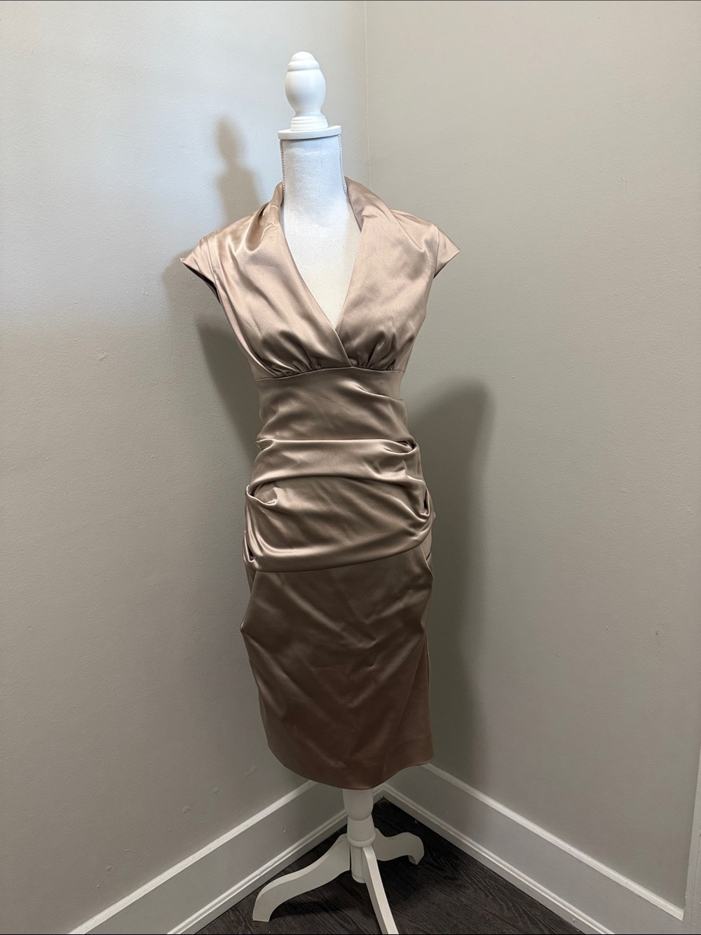 Nicole by Nicole Miller Satin V-Neck Midi Dress in Taupe
